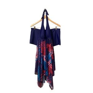 Womens Plus Size 4XL Tropical Palm Swim Dress and Boyshorts 2 Piece Set Navy